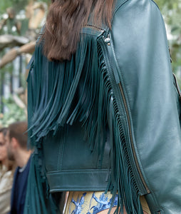 Handmade Green Leather Fringe Short Jacket