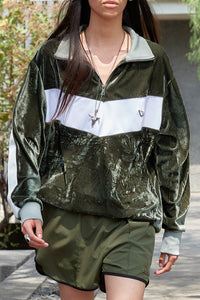 Military Green Velvet Track Jacket