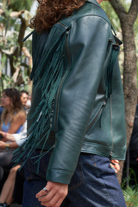 Handmade Green Leather Fringe Jacket